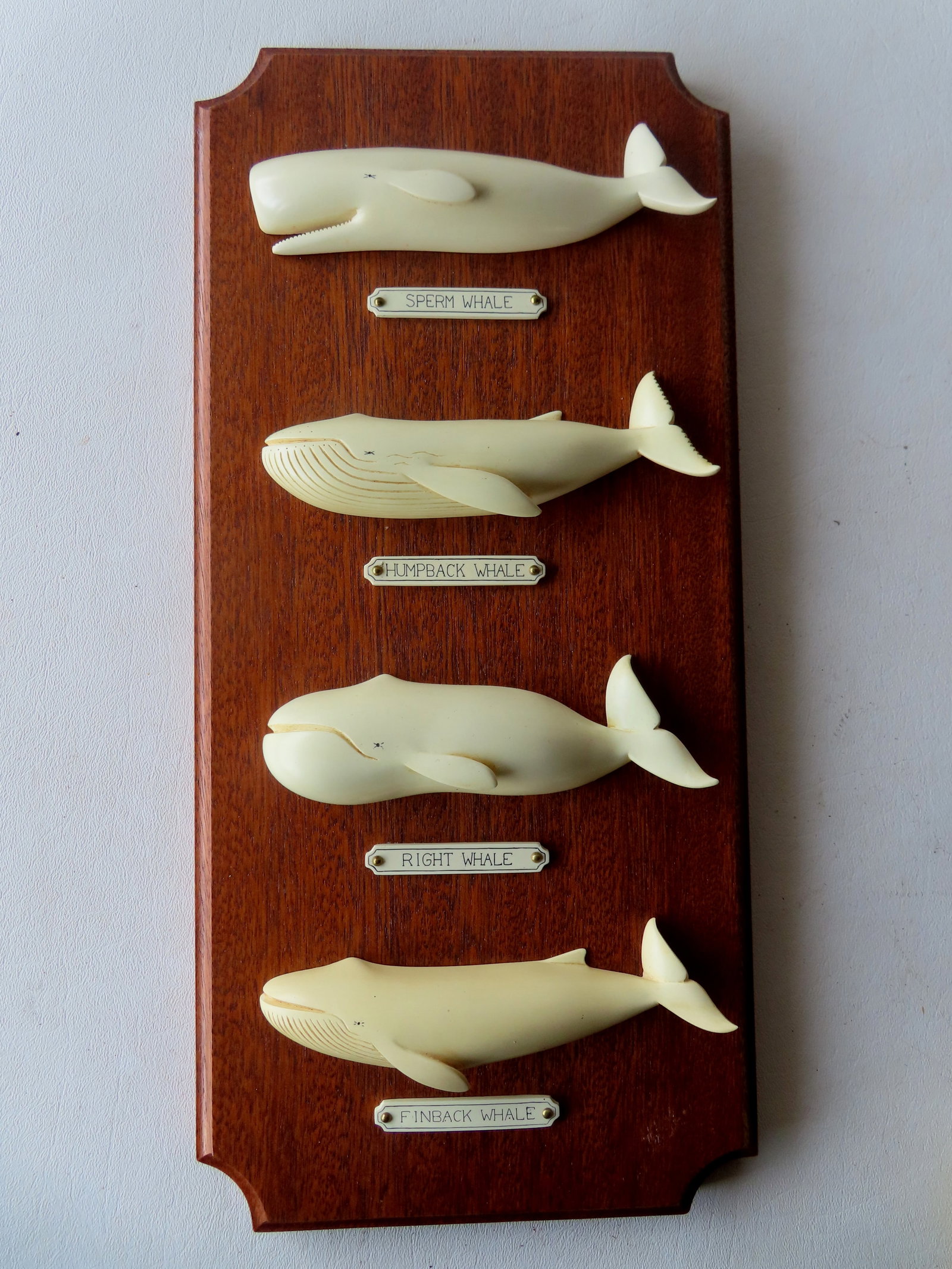 A wall plaque depicting 4 resin whales, circa 2000. Excellent condition. Measures 15"H x 7"W.: A wall plaque depicting 4 resin whales, circa 2000. Excellent condition. Measures 15"H x 7"W. Labeled on reverse Museum Shop NHA (Nantucket Historical Association). Provenance: From the estate of Jeff