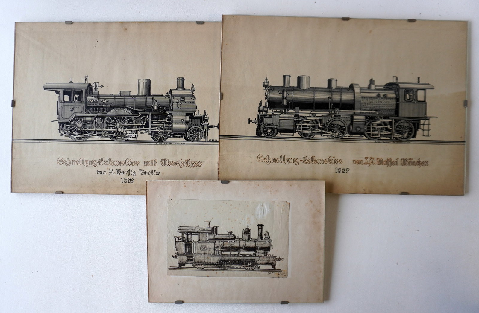 Three pen an ink drawings of German steam locomotives, early 20th century, all by Rudolf Mitte, the: Three pen an ink drawings of German steam locomotives, early 20th century, all by Rudolf Mitte, the smallest with slight foxing, the larger 2 in very good condition and are signed and dated "R. Mitte 