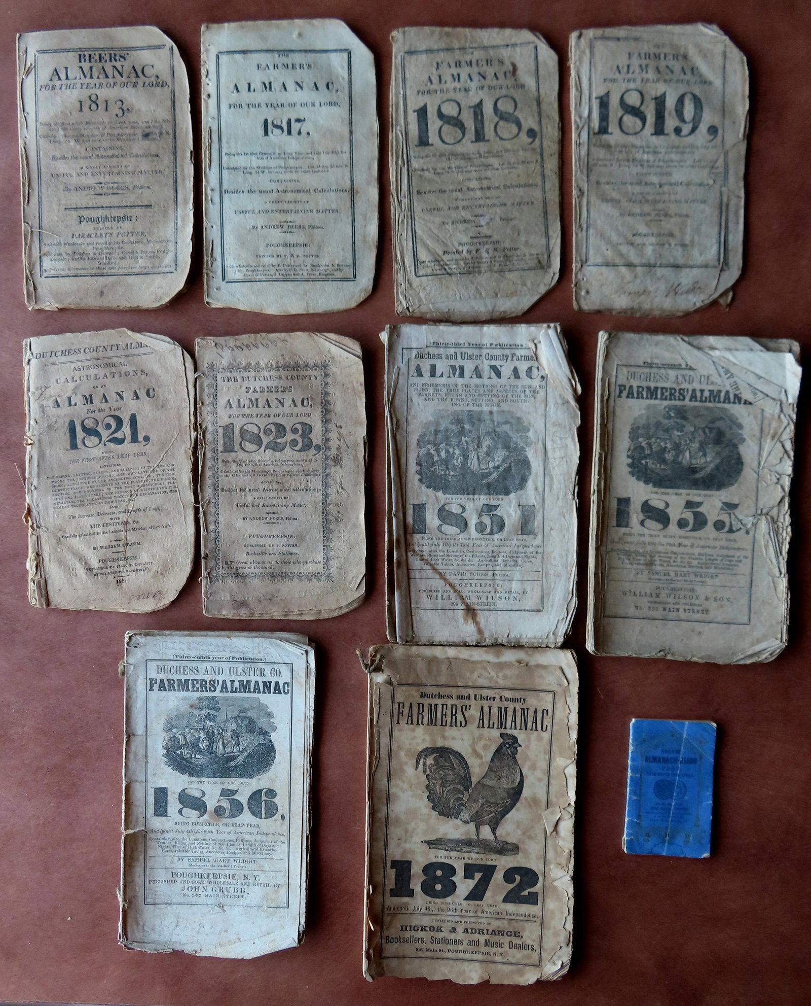 Grouping of 10 Poughkeepsie NY Farmer's Almanacs from 1813 to 1872 - most in fair condition.: Grouping of 10 Poughkeepsie NY Farmer's Almanacs from 1813 to 1872 - most in fair condition. Provenance: From the estate of Asa and Jean Beckwith, Pleasant Valley NY.