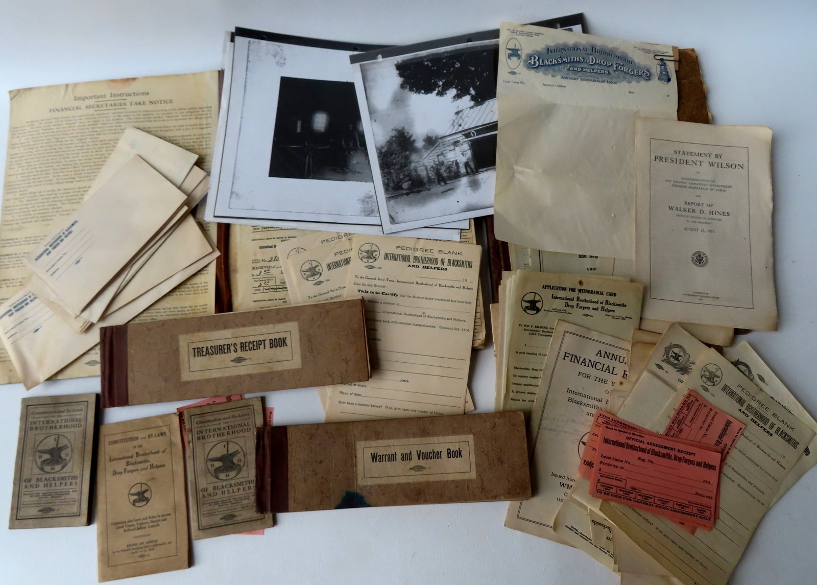 Grouping of International Brotherhood of Blacksmiths ephemera including: 2 receipt books 1919-1922 -: Grouping of International Brotherhood of Blacksmiths ephemera including: 2 receipt books 1919-1922 - the second book with many unused entries - each book measures 13 3/4" x 11"; 3 Constitution and By-
