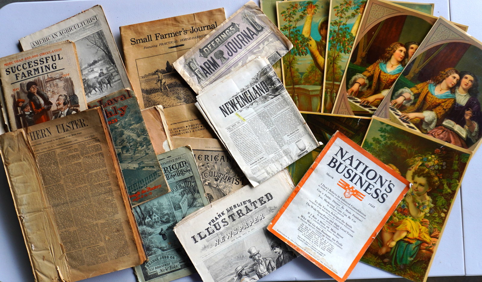 Grouping of unframed Victorian era prints, 19th century newspapers, etc. All in fair to good: Grouping of unframed Victorian era prints, 19th century newspapers including Harper's Weekly 1860 with engraving of presidential candidate Abraham Lincoln on front page (after a photo by Brady), farmi