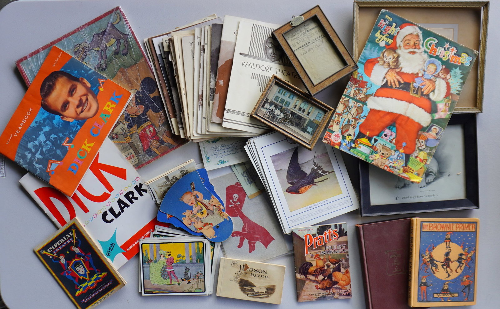 Grouping of vintage ephemera including photos, advertising, Disney, theatrical, etc. Includes: Walt: Grouping of vintage ephemera including photos, advertising, Disney, theatrical, etc. Includes: Walt Disney Donald Duck puzzle circa 1950-60 - 11" x 14"; grouping of 25 colorful bird identification car