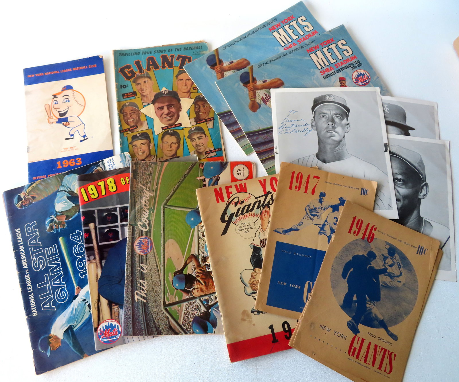 Grouping of baseball programs and ephemera for the NY Giants and the NY Mets. Includes 1946 and 1947: Grouping of baseball programs and ephemera for the NY Giants and the NY Mets. Includes 1946 and 1947 completed programs for NY Giants vs. Dodgers and Phillies; a 1952 NY Giants comic book "1951 Giants