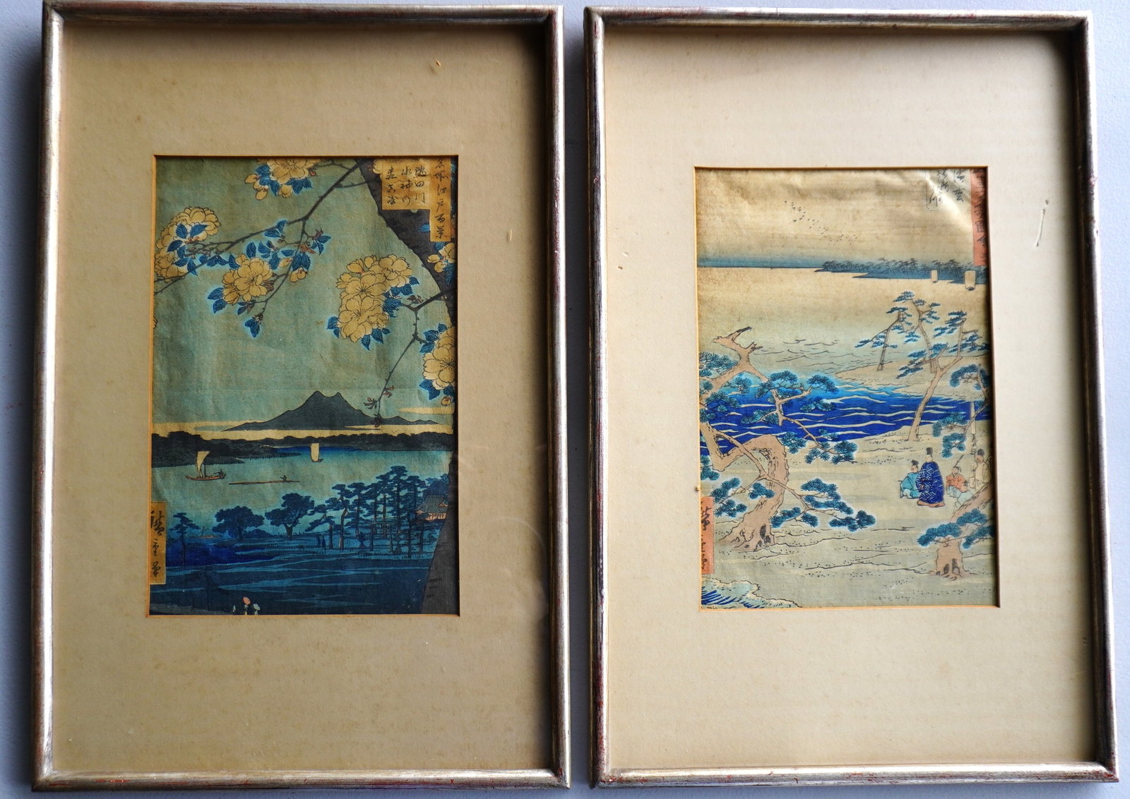 Two framed Japanese woodblock prints, unknown makers (see photos for signatures), and stamped on: Two framed Japanese woodblock prints, unknown makers (see photos for signatures), and stamped on reverse by Peridot Frames, New York City. Both mattings with foxing, one print with slight browning, el