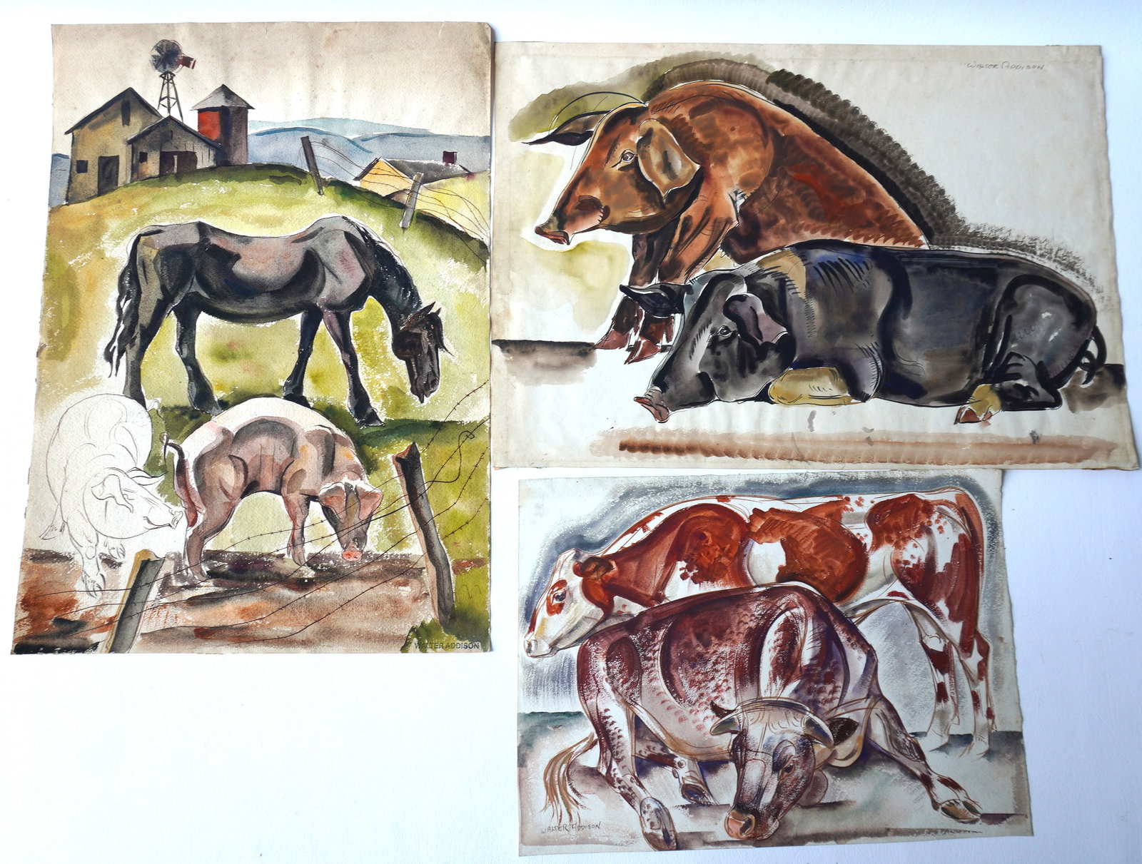Walter Addison, New York, 1914-1982. Three W/C with farm animals, including cows, pigs, and horses -: Walter Addison, New York, 1914-1982. Three W/C with farm animals, including cows, pigs, and horses - early to mid 20th century. Two signed Walter Addison and are in very good condition. The watercolor