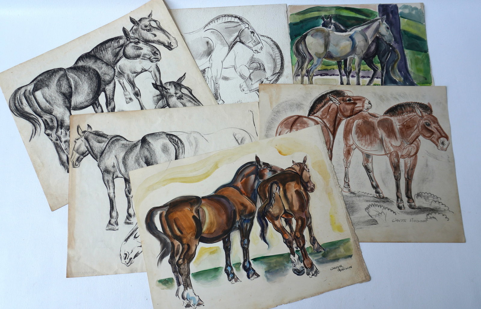 Walter Addison, New York, 1914-1982. Grouping of 6 horse related sketches including 3 watercolors: Walter Addison, New York, 1914-1982. Grouping of 6 horse related sketches including 3 watercolors and 3 charcoals - 5 signed and/or stamped Walter Addison, and 1 not signed. The largest measures 17" x