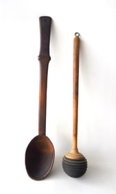 Two early country treenware collectibles including a long handle hand carved maple scoop (one piece