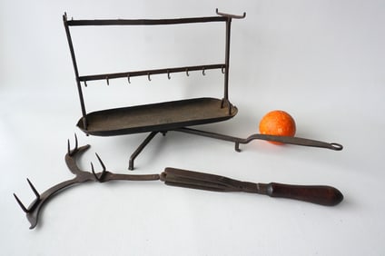 Two early hand forged roasters, 18th century, including: A rare long handled  footed and swivel bird