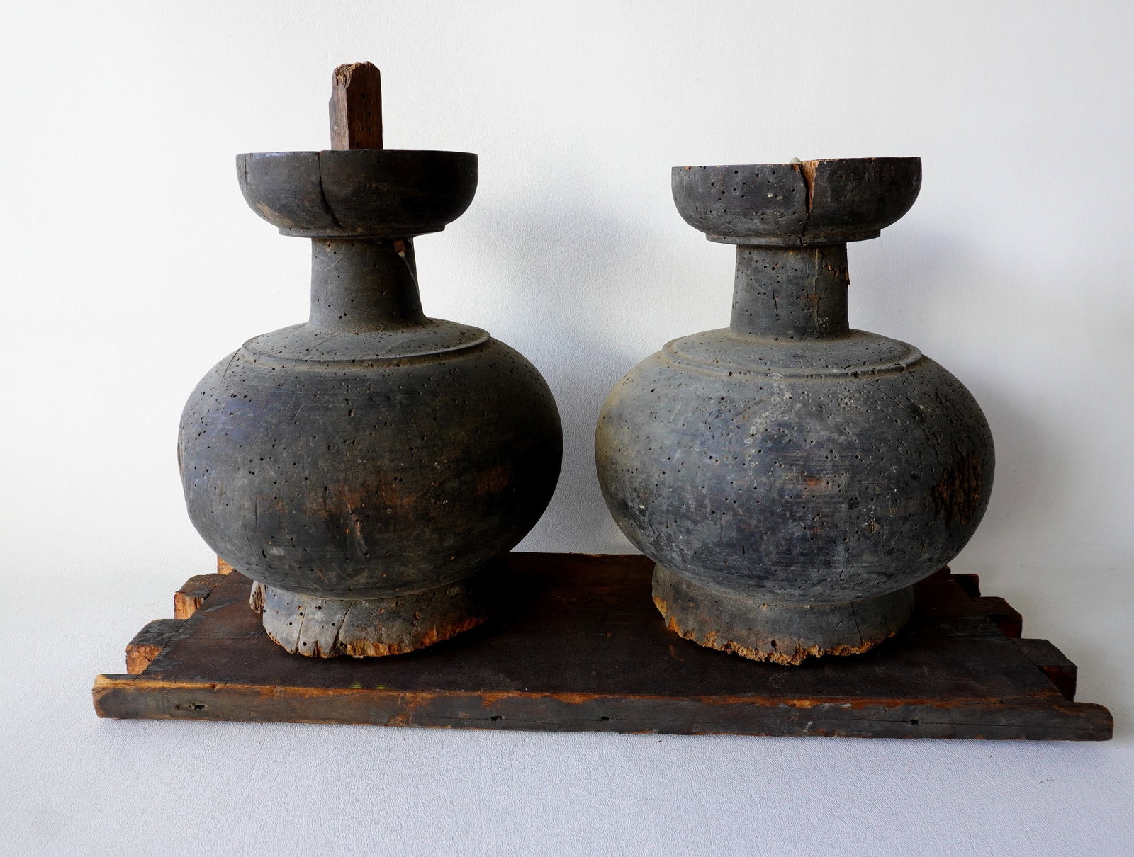 Pair of original Dutch kas feet, 18th century. One missing dowel that attached foot to base, typical: Pair of original Dutch kas feet, 18th century. One missing dowel that attached foot to base, typical tiny insect holes, wear to base, glue repair, overall fair to good condition in original black pain