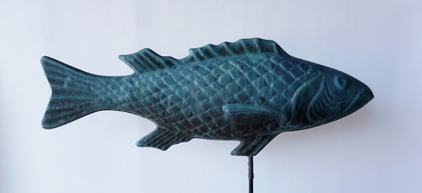 A copper full body cod fish weathervane with directionals, circa 1960-80. The fish measures 26"W x