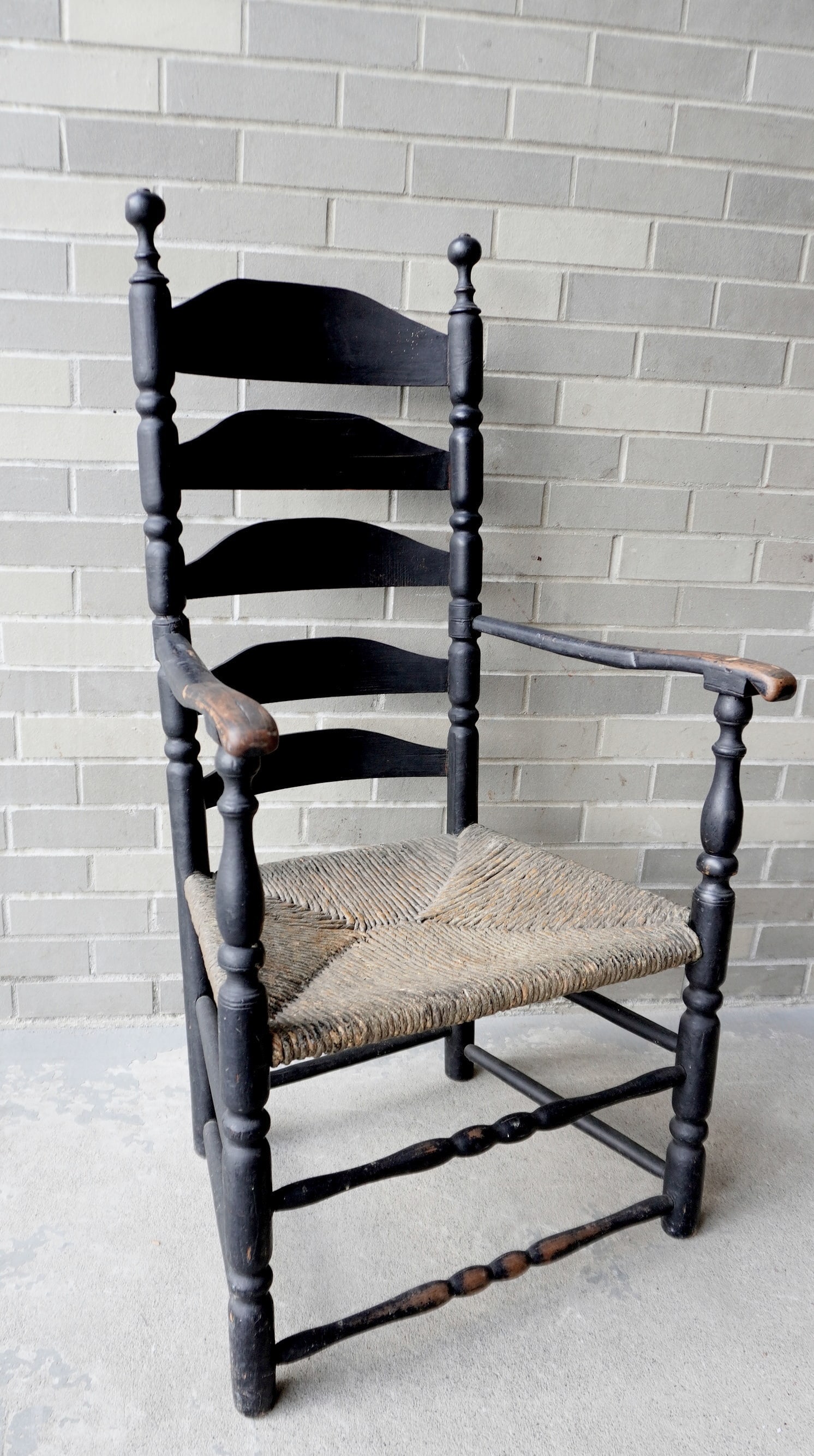An early Hudson Valley ladder back chair with rush seat, sausage turnings on posts, and slightly (1 of 12)