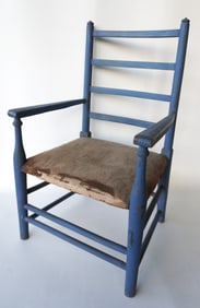A good child's ladder back arm chair with double rung stretcher base in original blue paint and