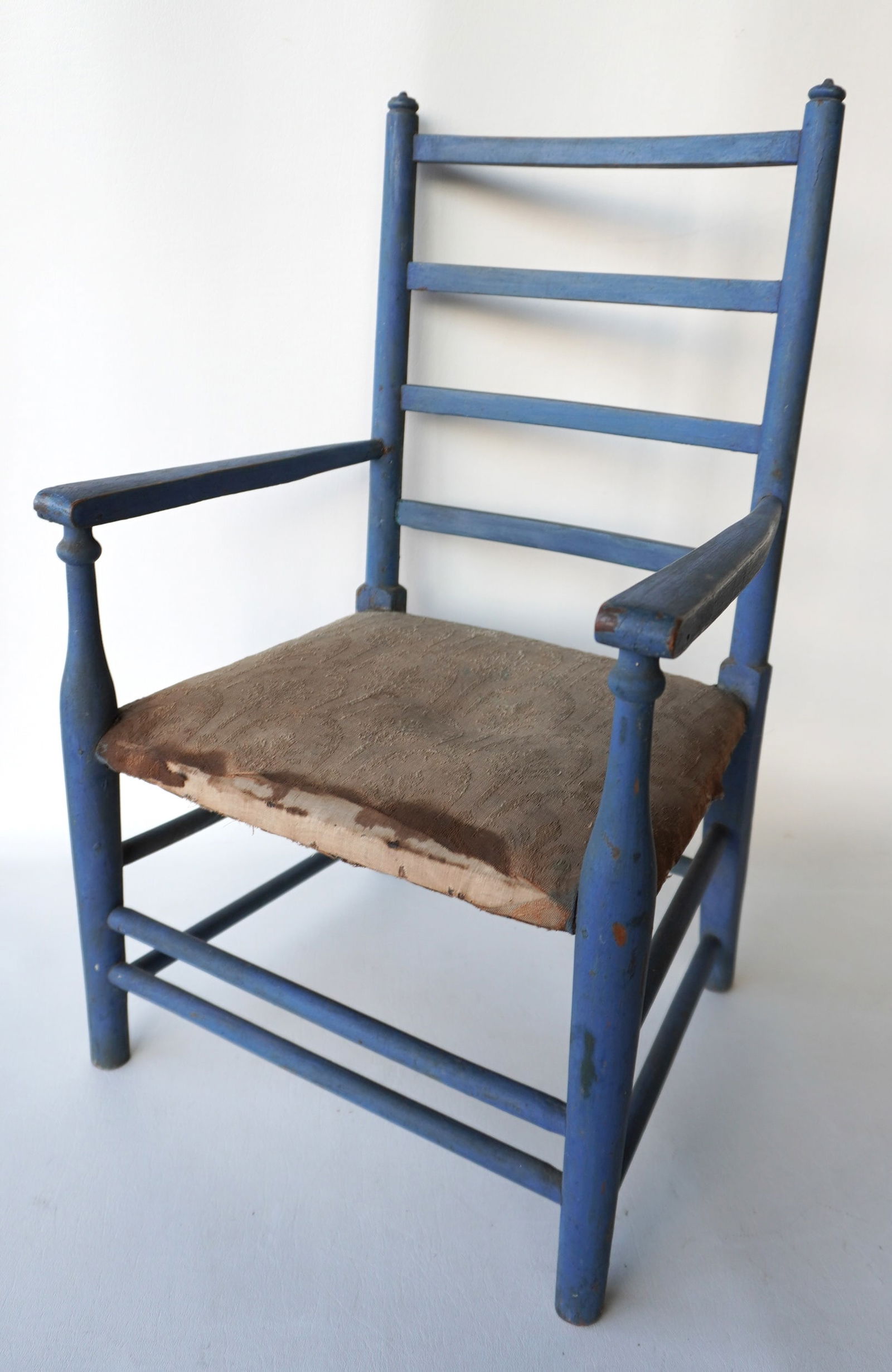 A good child's ladder back arm chair with double rung stretcher base in original blue paint and (1 of 8)