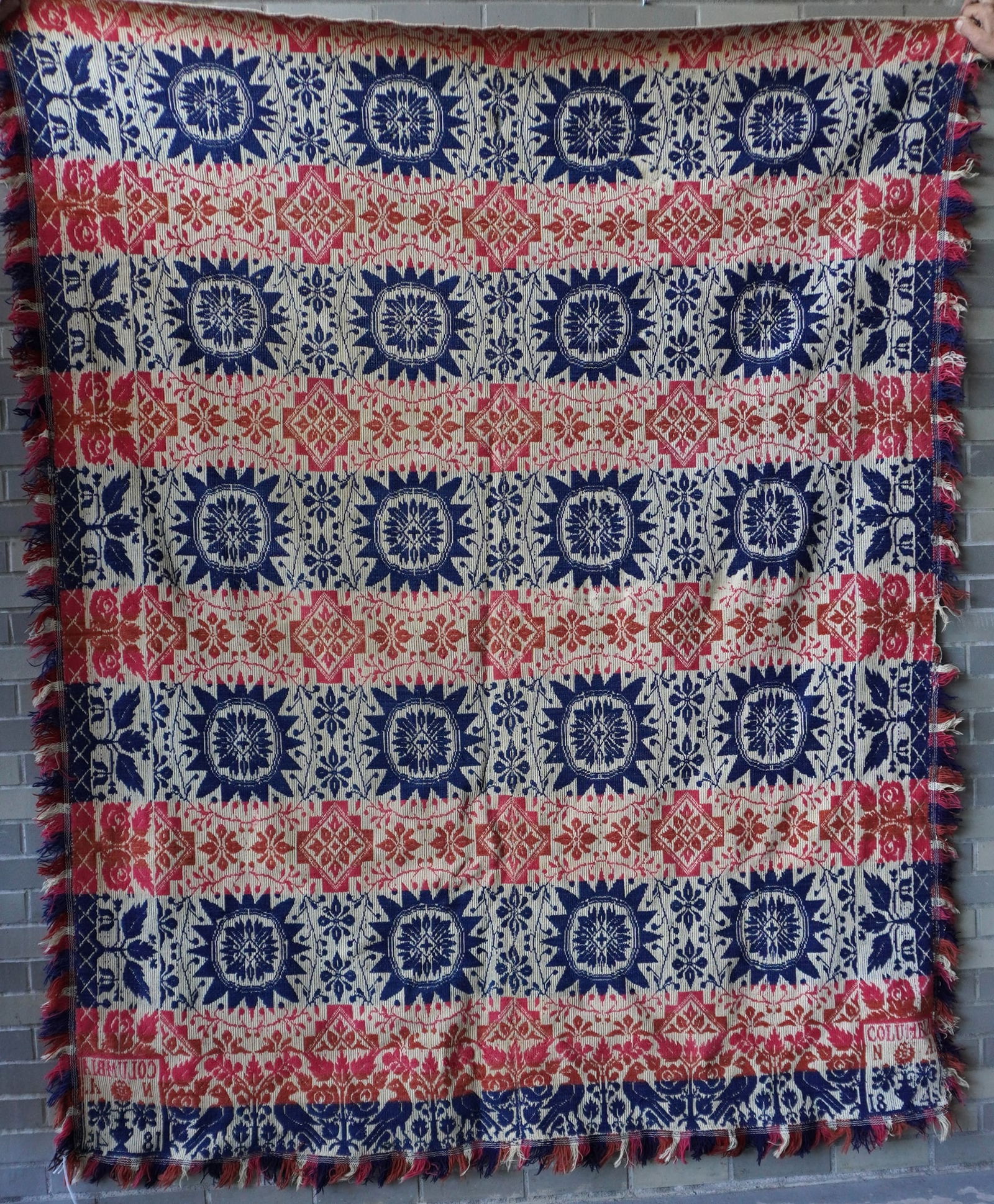 A Jacquard floral tri-color coverlet, having a border decorated with birds, trees and flowers - (1 of 8)