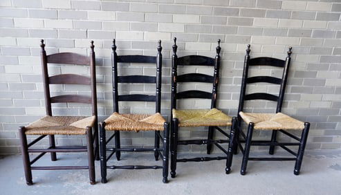 An assembled set of 4 Bergen County NJ chairs, late 18th century, all with rush seats, only 1