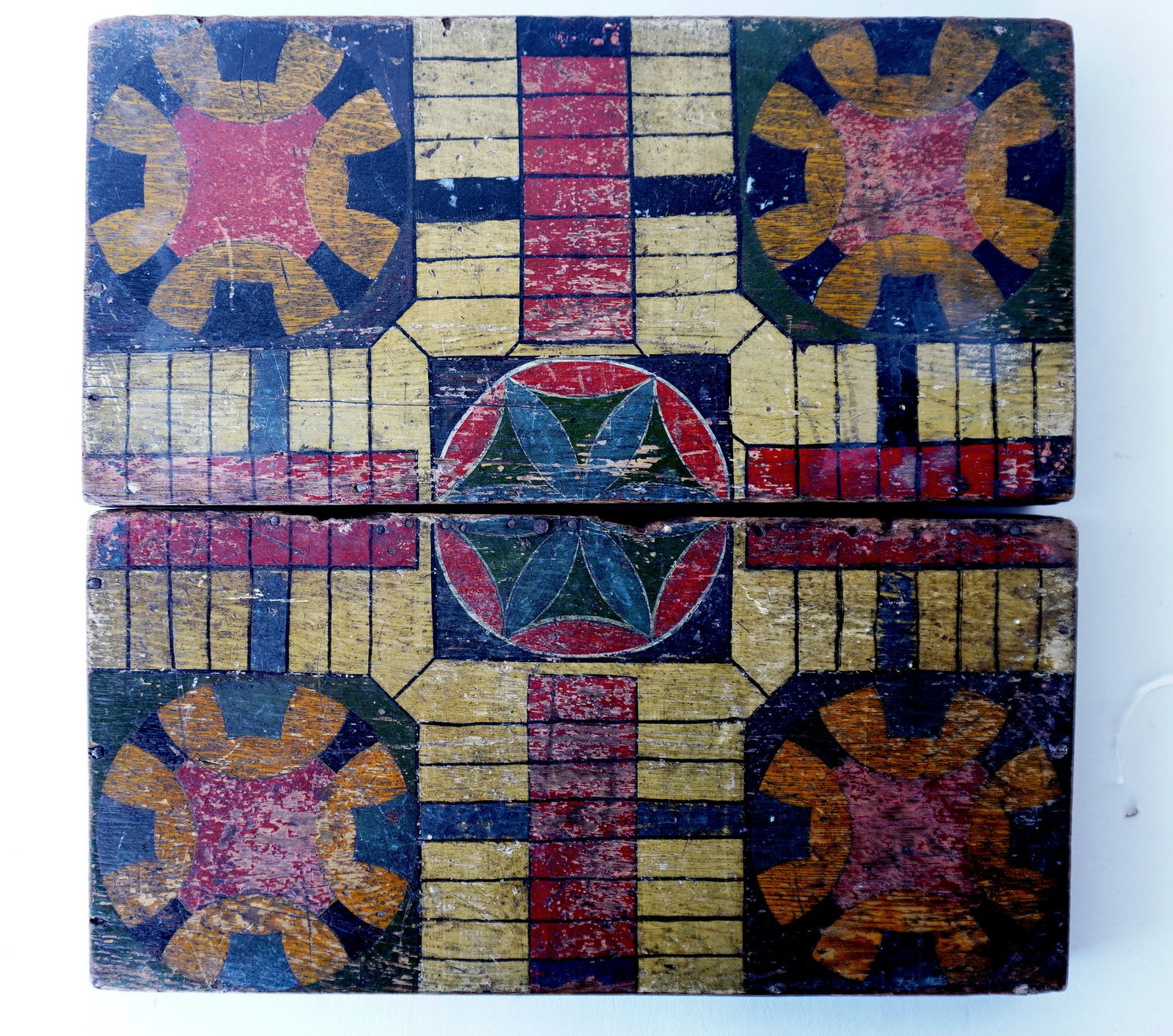 A folding Parcheesi game board/box in original polychrome paint, 19th century. The interior with a (1 of 7)