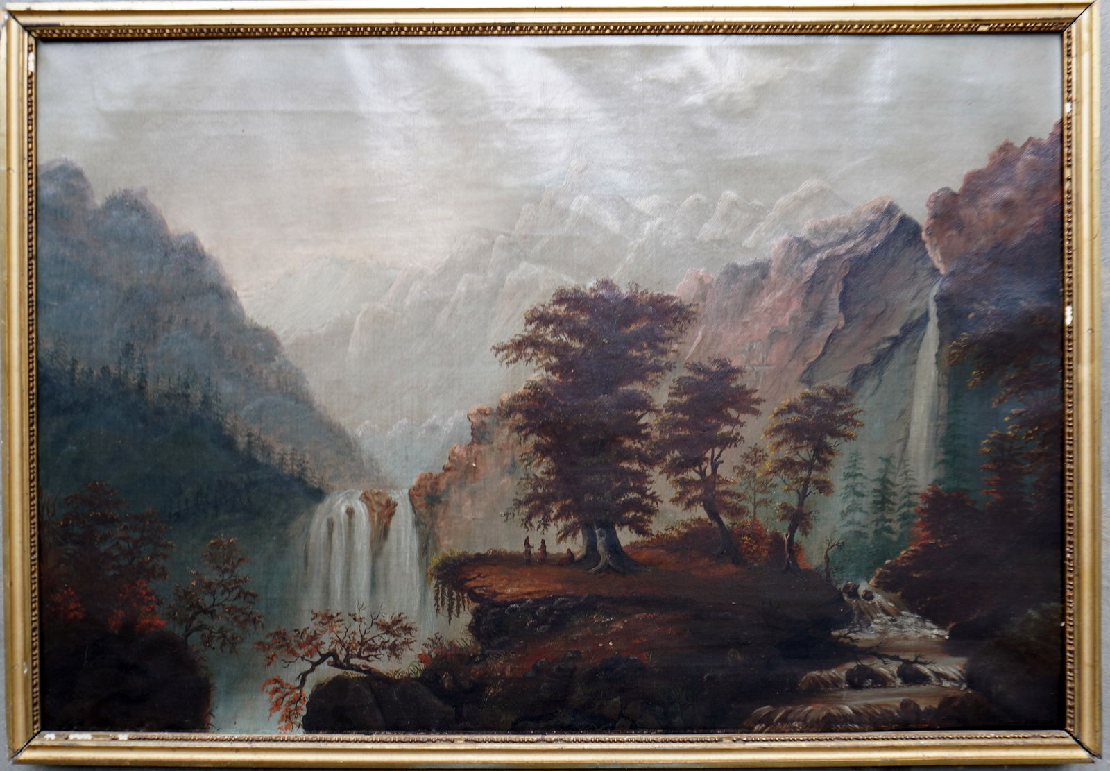 O/C Primitive landscape depicting 2 Native American Indians on bluff overlooking a large waterfall - (1 of 11)