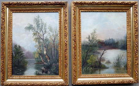 Two O/C landscapes with ponds and trees, 19th century, housed in original gilt gesso frames. Paper