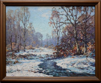 Walter C. Hartson, 1866 - 1946, active/lived in New York, Wyoming, Iowa. O/C Impressionist winter
