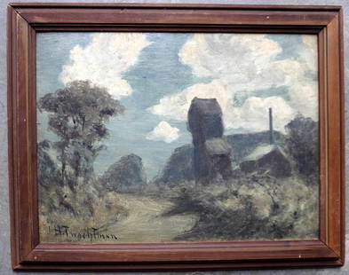 John Henry Twachtman, 1853 - 1902, active/lived in New York, Connecticut, Massachusetts, Ohio. O/B: John Henry Twachtman, 1853 - 1902, active/lived in New York, Connecticut, Massachusetts, Ohio. O/B Impressionist landscape with buildings. One building probably a lead shot tower on shore of stream, w