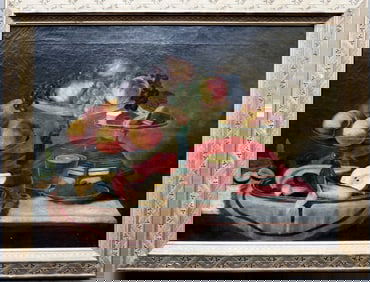 O/C Still life of fruit on table, housed in original gilt gesso frame, circa 1885-90 (note ADS