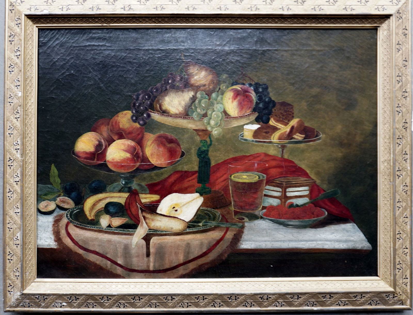O/C Still life of fruit on table, housed in original gilt gesso frame, circa 1885-90 (note ADS (1 of 9)
