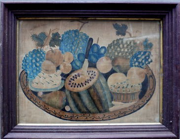 Theorem on velvet, tray full of fruit including sliced watermelon with knife, basket with