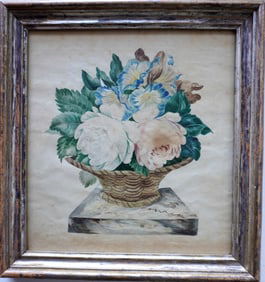 A theorem watercolor on paper, depicting a basket of flowers mounted on faux marble plinth, mid to