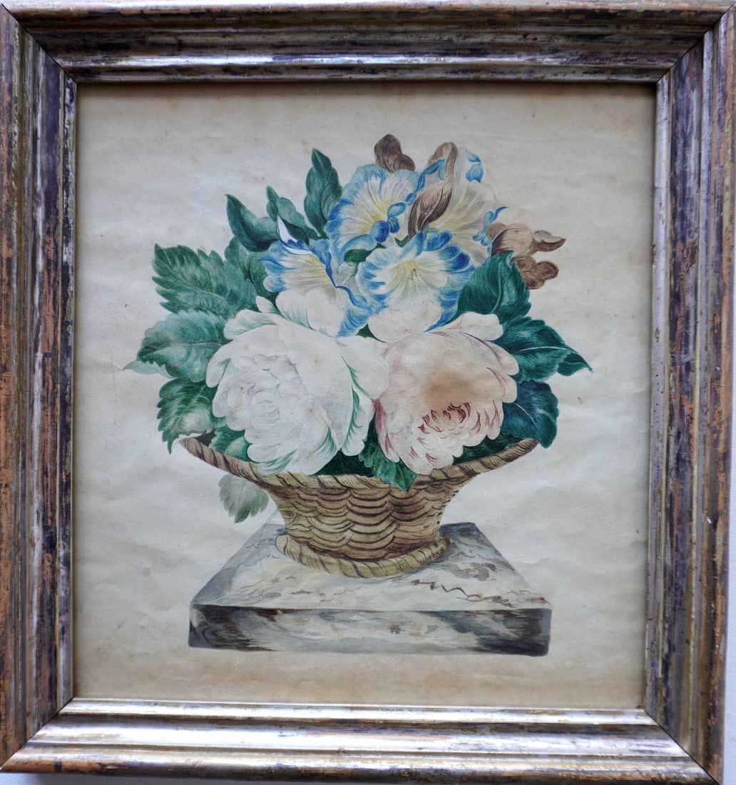 A theorem watercolor on paper, depicting a basket of flowers mounted on faux marble plinth, mid to (1 of 3)