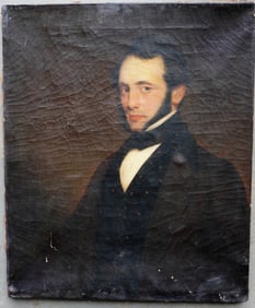 O/C unframed portrait of a scholarly looking gentleman wearing cloak over vest, 1830-50. Some