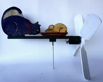 A folk art cat and mouse whirligig in original paint marked by the mouse "Midnight". In good working