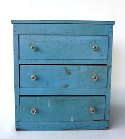 A small country 3 drawer utility chest in original blue paint, probably early 20th century. The