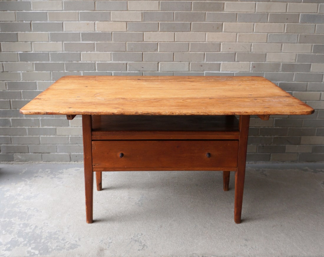 A country pine hutch table with scrubbed 2 board top mounted on base with tapered legs and (1 of 12)