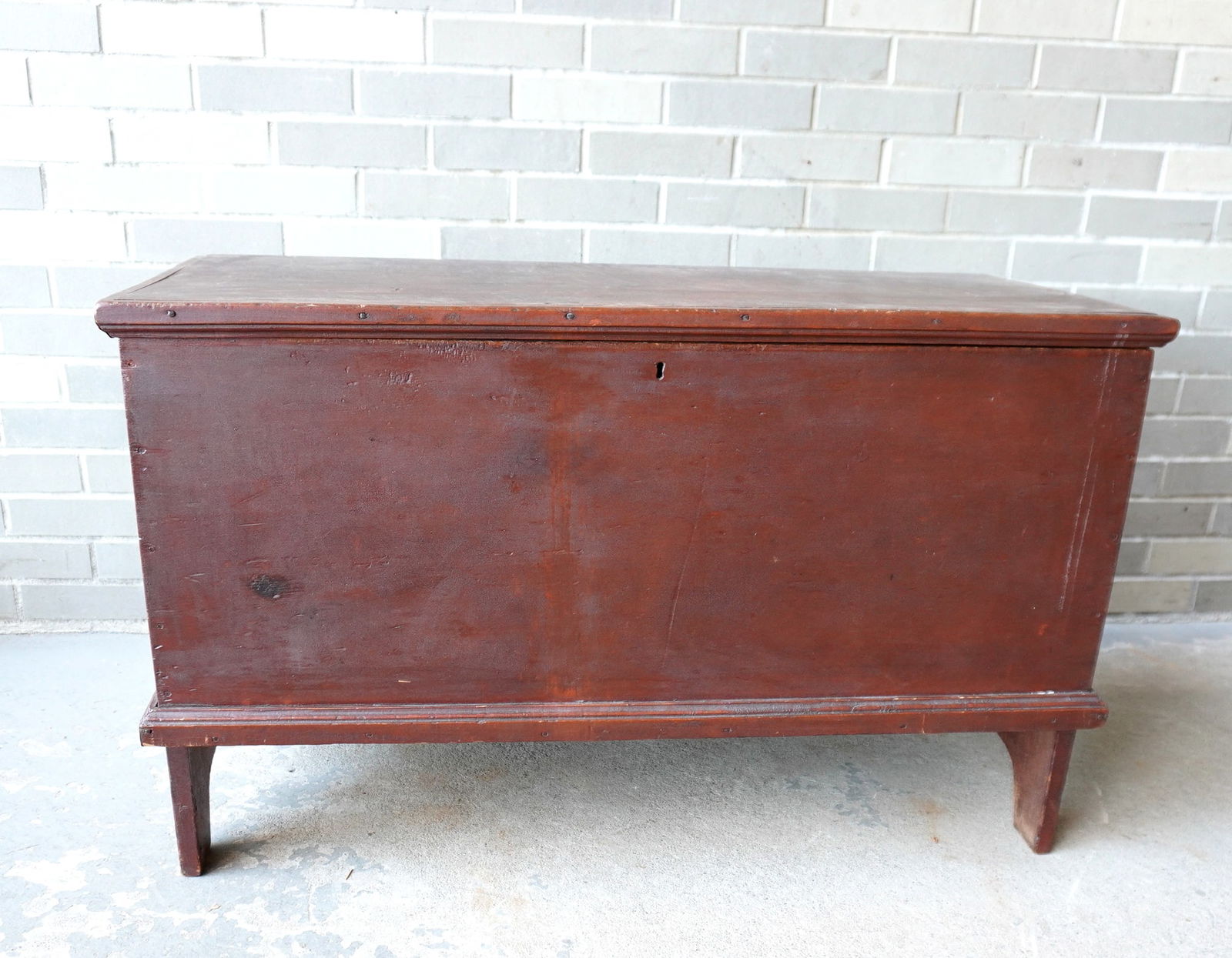 A good blanket box in original red paint, molded base, cutout sides, original butt hinges and deep (1 of 19)
