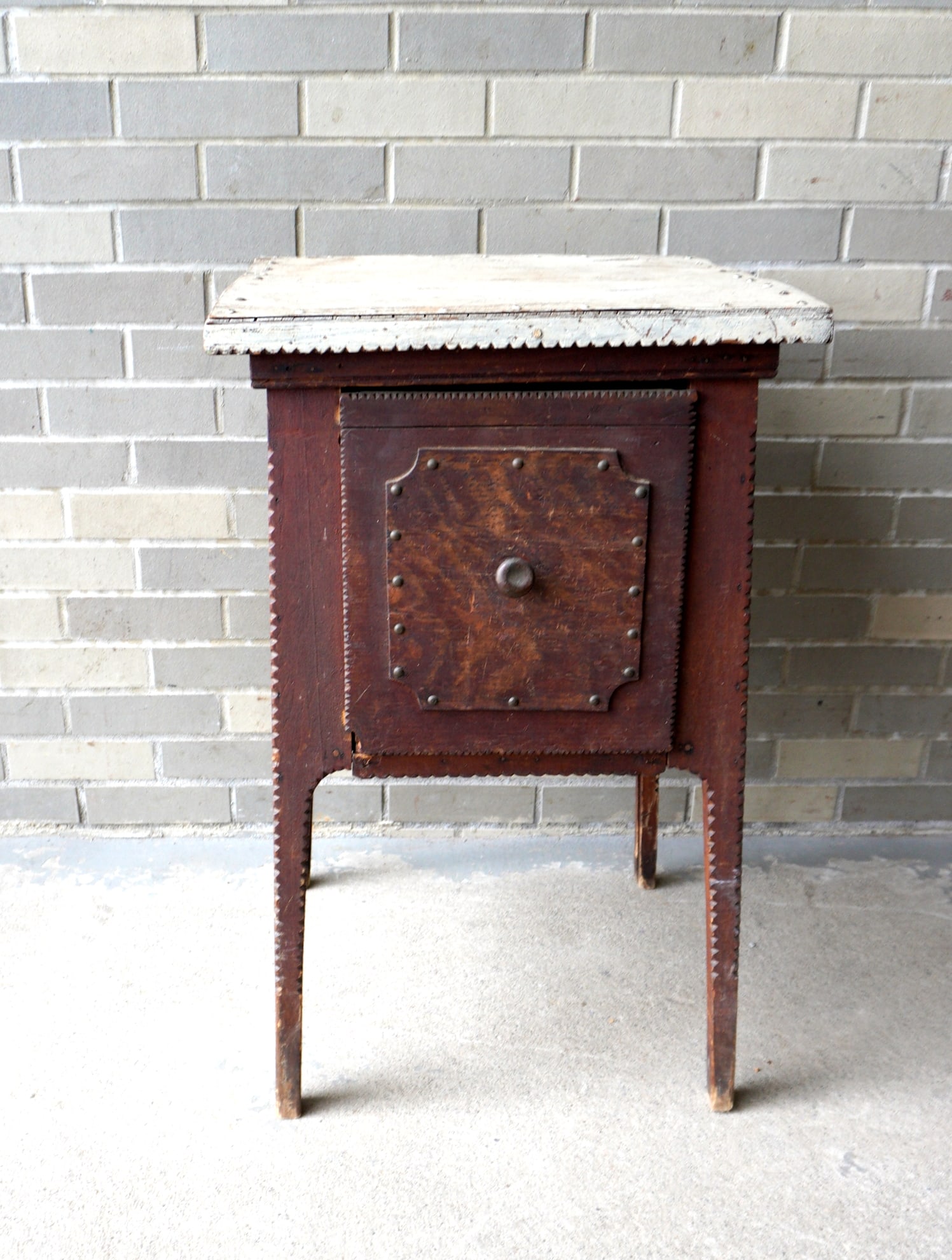 A most unusual tramp art work table having a top in original white paint with scalloped apron over a (1 of 8)