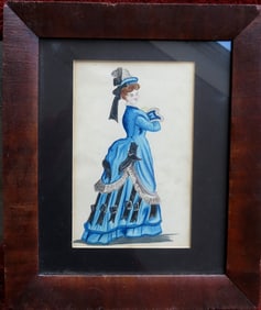 A W/C Portrait of a lady modeling a fancy Edwardian dress, late 19th century. Good condition. Total