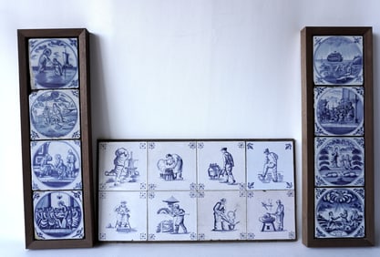 Grouping of 16 early blue and white Delft tiles housed within 3 frames. Includes 8 occupational, and