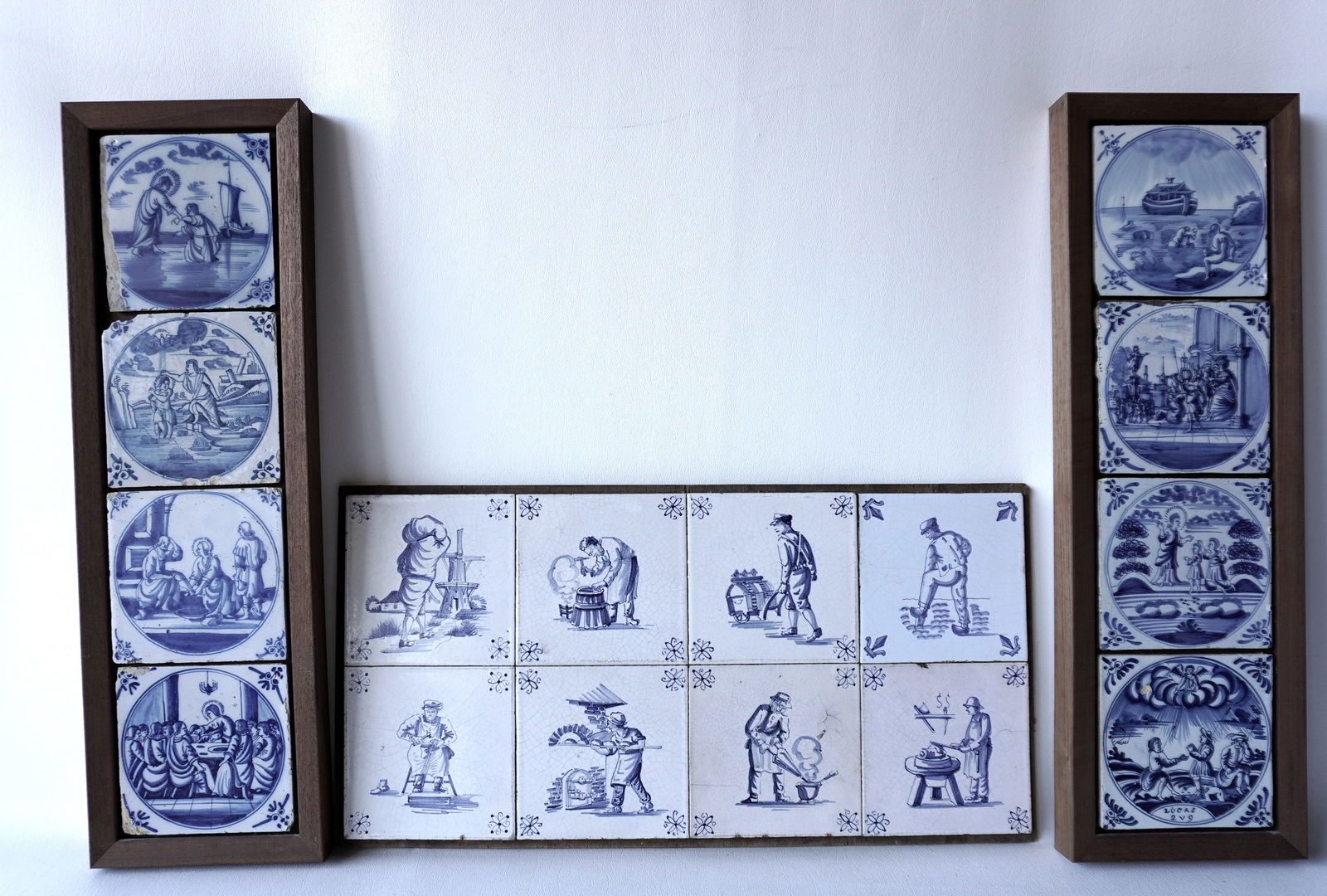 Grouping of 16 early blue and white Delft tiles housed within 3 frames. Includes 8 occupational, and (1 of 6)
