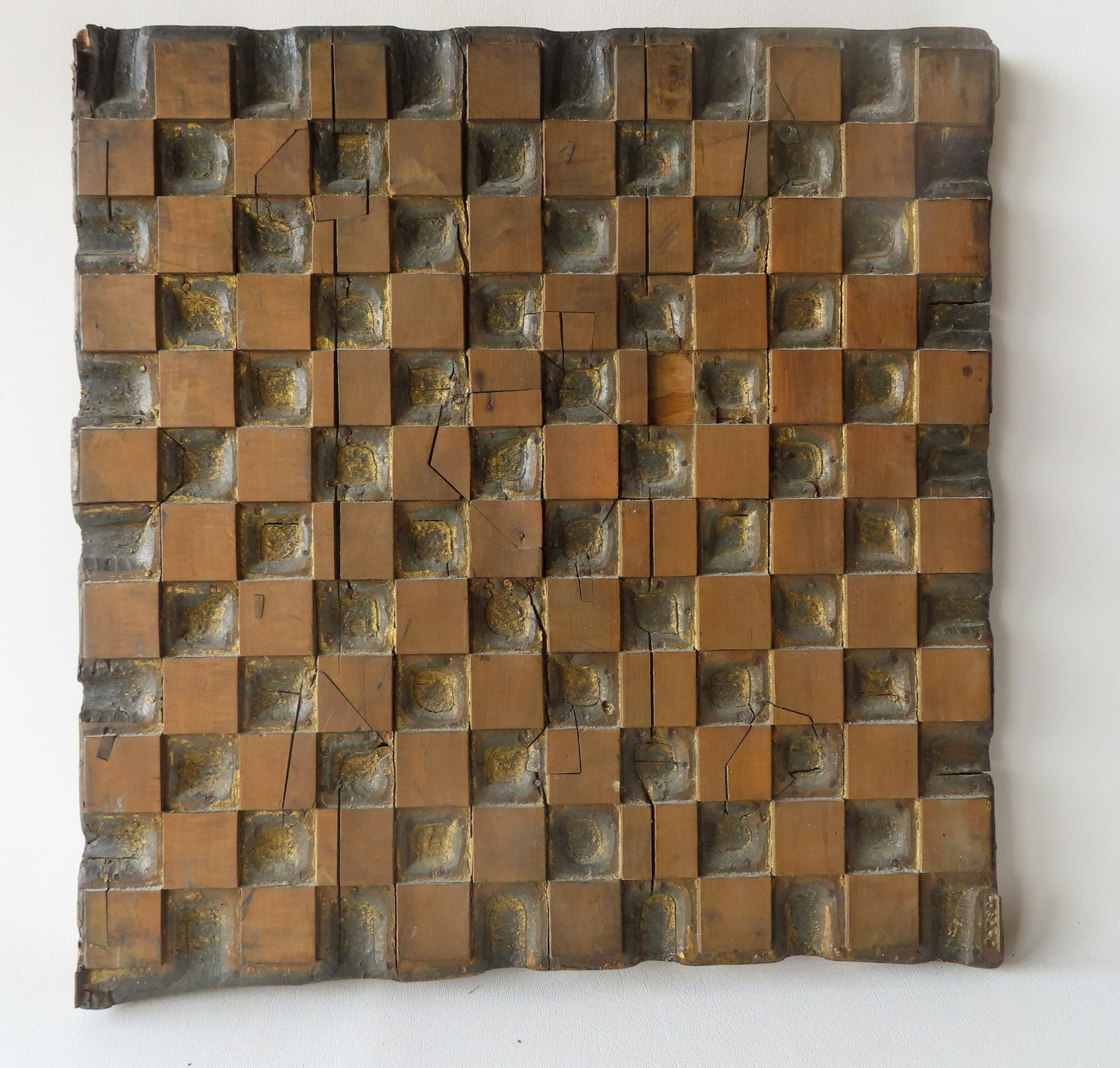 A unique primitive hand made wooden mold, or gameboard, with 144 squares, half of which are gouged (1 of 7)