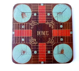 A double side game board, Parcheesi and checkers, circa 1870-80. The Parcheesi board in original