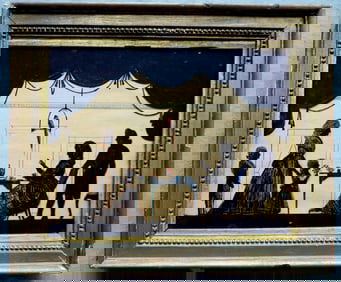 A framed reverse painted family silhouette on glass depicting a lady seated at a Queen Ann tea table