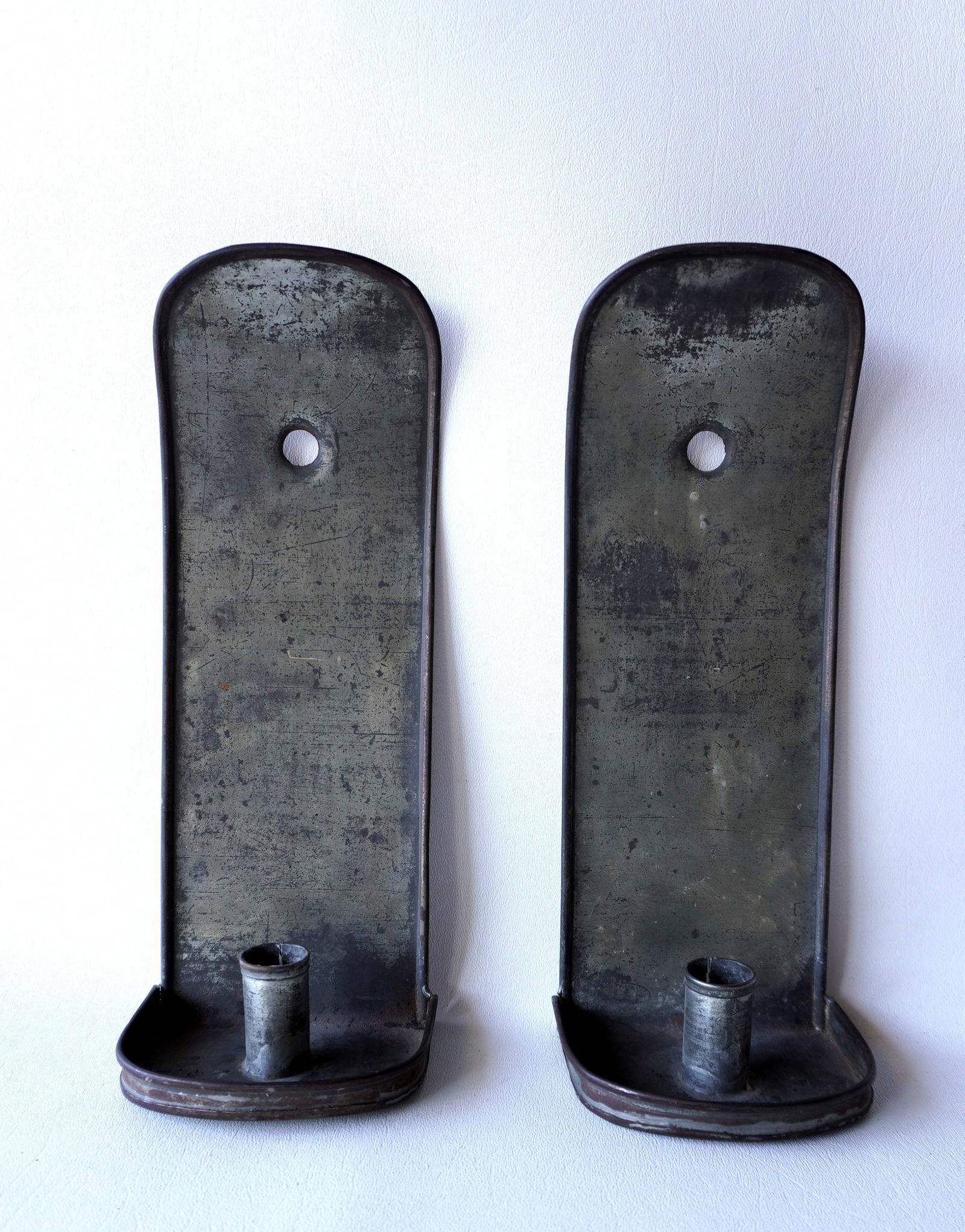 Pair of tin candle wall sconces with rolled edges around perimeter, 19th century, very good (1 of 5)