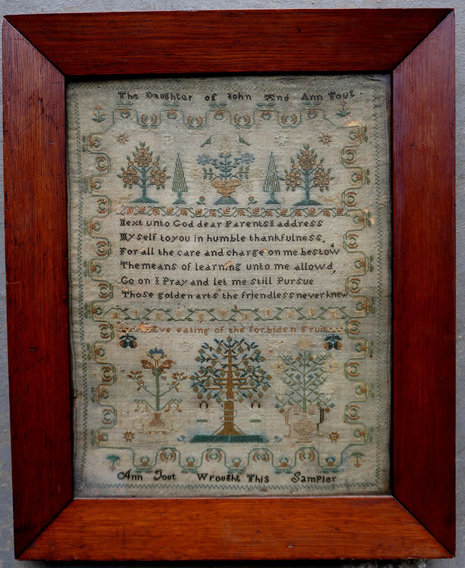 A very fine framed pictorial Adam & Eve sampler with verse, well balanced and detailed images with (1 of 10)