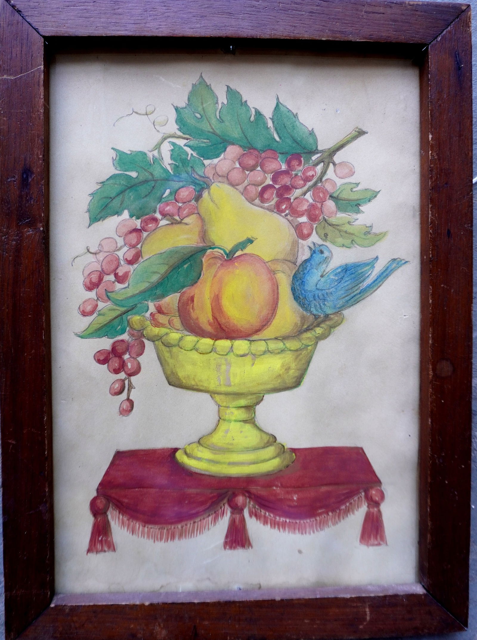 Theorem watercolor featuring a bowl of fruit with blue bird perched on rim, pecking at grapes - the (1 of 4)