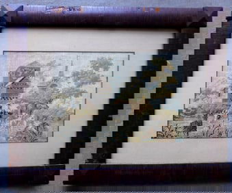 A framed petit point textile depicting cows and sheep feeding in pasture with institutional building