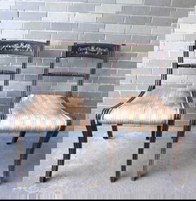 A pair of federal side chairs with reeding extending from top of stiles to terminals of feet -