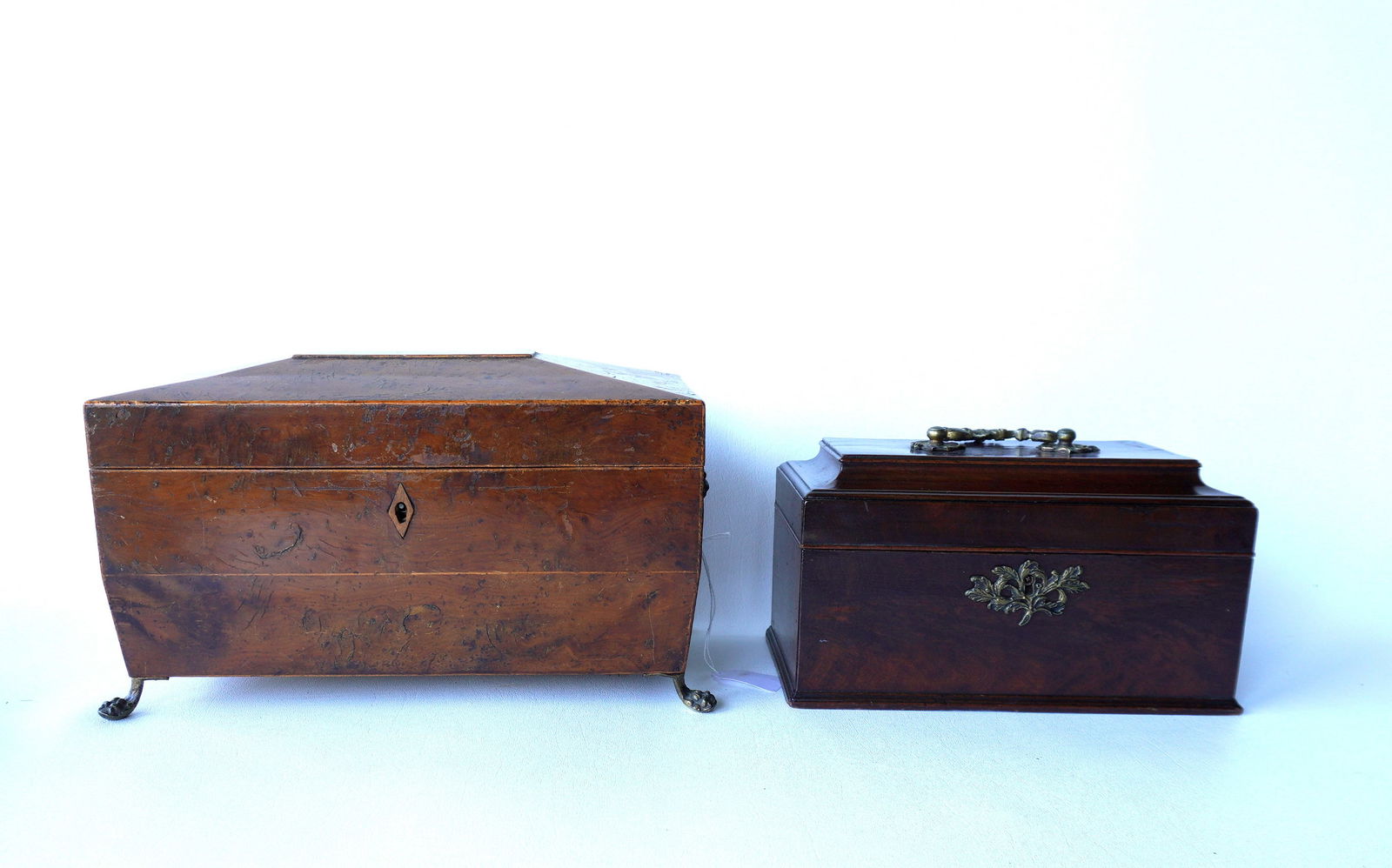 Two early wooden tea caddies, 19th century. The first, a very fine tea caddy in burlwood (1 of 16)