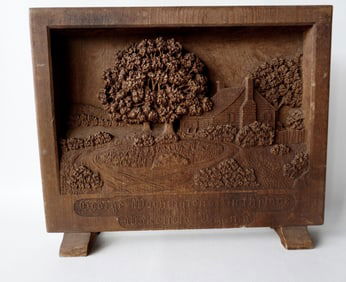 A relief diorama titled "GEORGE WASHINGTON'S BIRTHPLACE / WAKEFIELD VIRGINIA", mounted on a footed