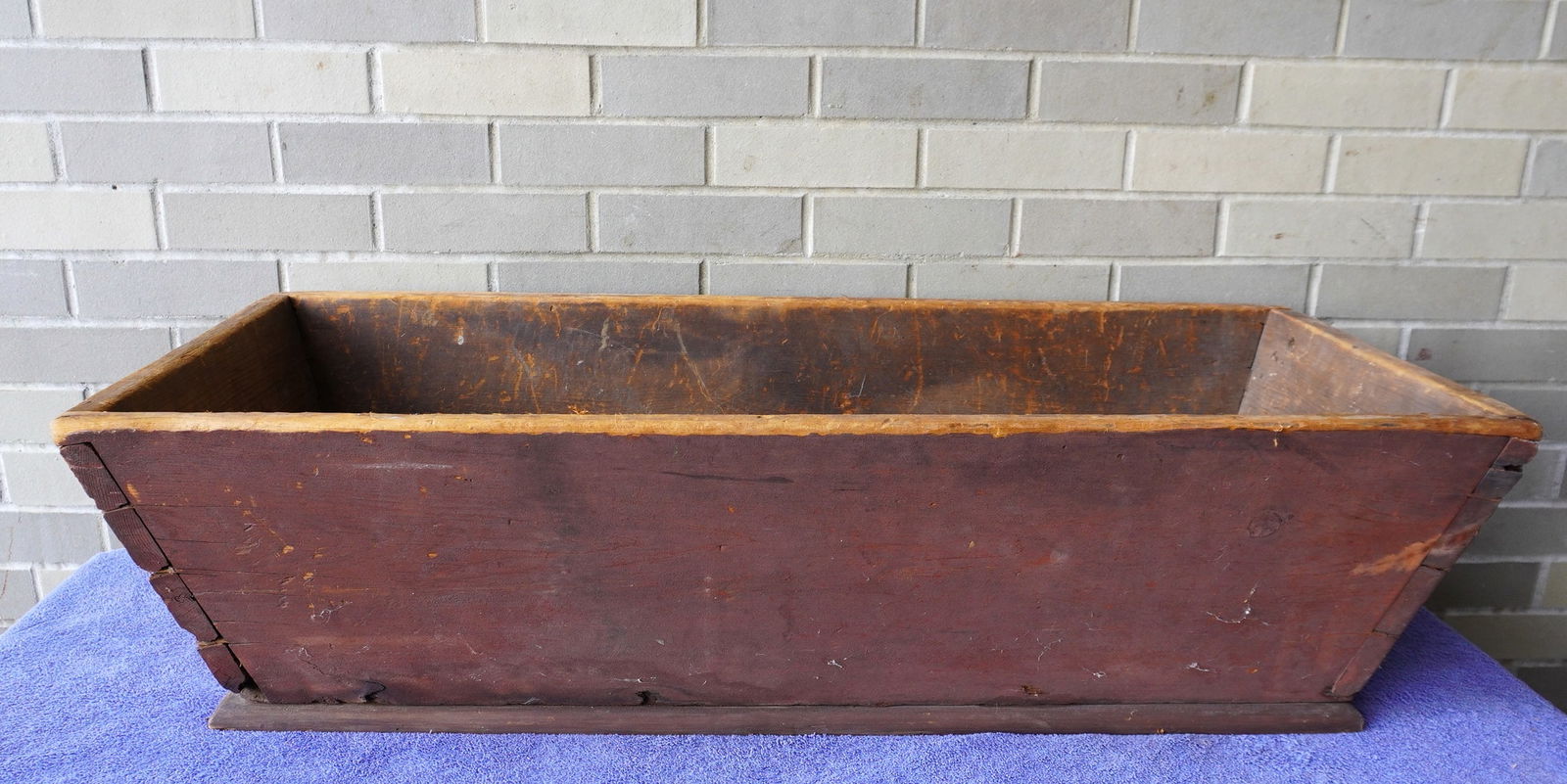 A primitive dovetailed dough box in original red paint, canted sides, early to mid 19th century, no (1 of 9)