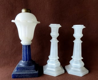 Sandwich glass Clambroth candlesticks and fluid lamp with dark blue base, early to mid 19th century,